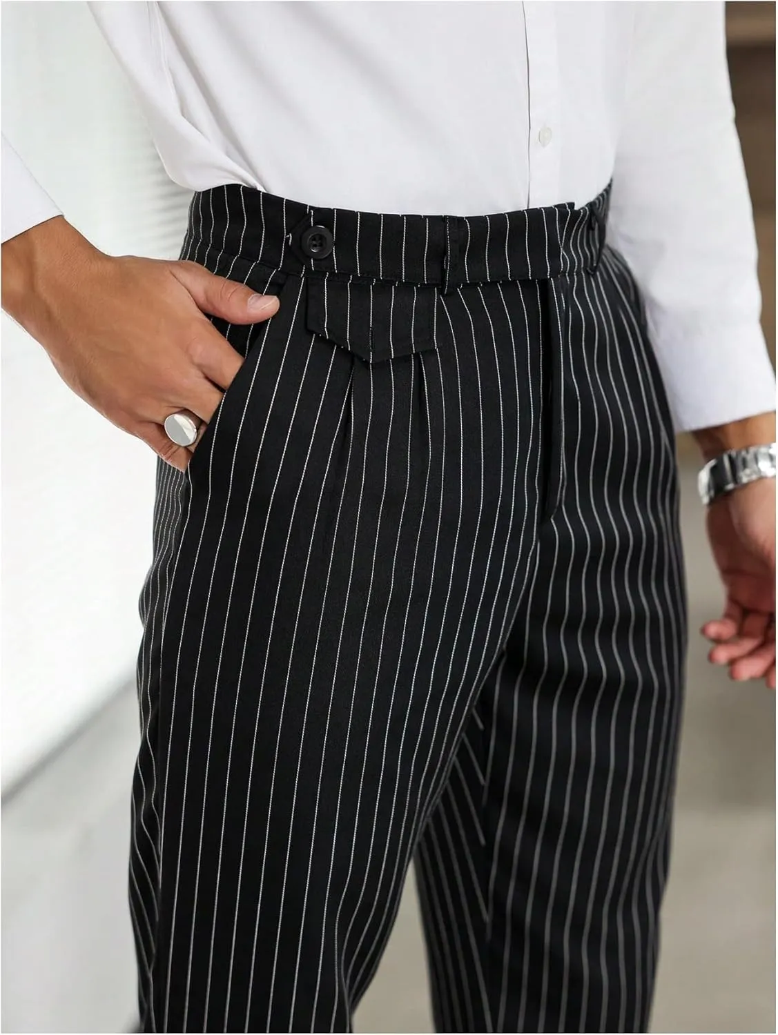 GORGLITTER Men's Striped Dress Pants Slim Fit Business Work Suit Long Trousers