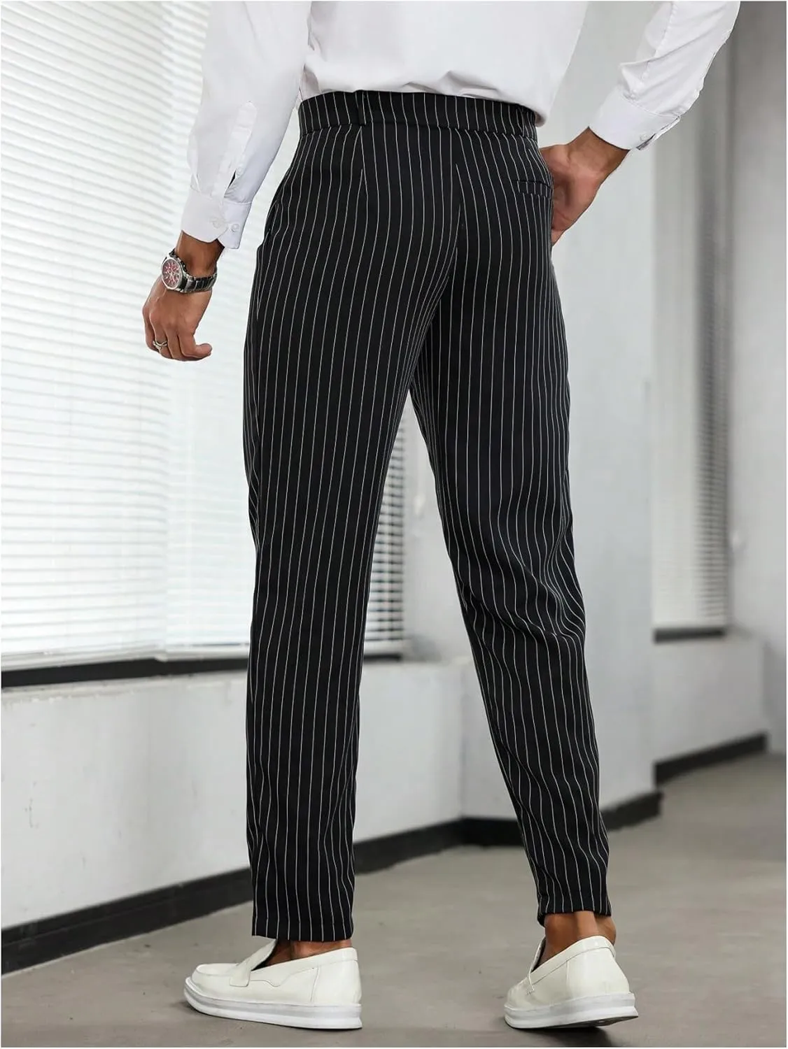 GORGLITTER Men's Striped Dress Pants Slim Fit Business Work Suit Long Trousers