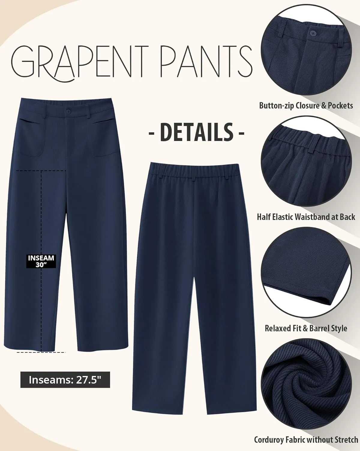 GRAPENT Barrel Pants for Women High Waisted Corduroy Elastic Waist Trendy Loose Casual Fall Trousers Pants with Pockets