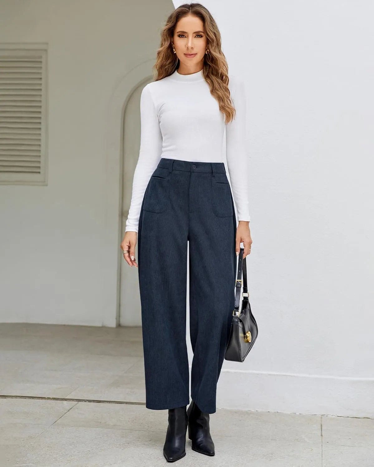 GRAPENT Barrel Pants for Women High Waisted Corduroy Elastic Waist Trendy Loose Casual Fall Trousers Pants with Pockets