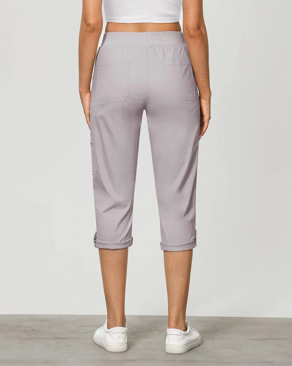 GRAPENT Capri Cargo Pants for Women High Waisted Pull On Elastic Waist Stretch Twill Fold Hem Capris Pants with Pockets