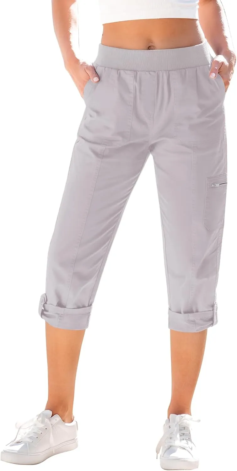 GRAPENT Capri Cargo Pants for Women High Waisted Pull On Elastic Waist Stretch Twill Fold Hem Capris Pants with Pockets