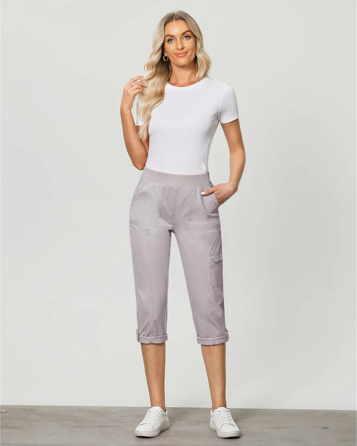 GRAPENT Capri Cargo Pants for Women High Waisted Pull On Elastic Waist Stretch Twill Fold Hem Capris Pants with Pockets
