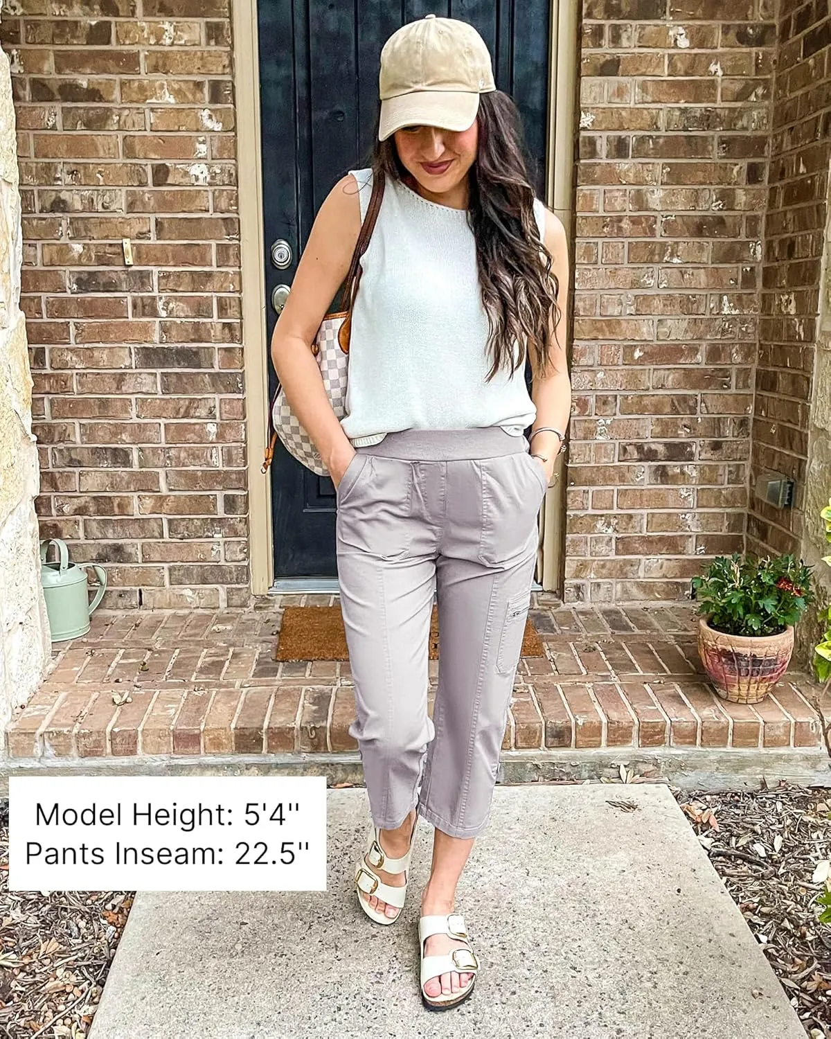 GRAPENT Capri Cargo Pants for Women High Waisted Pull On Elastic Waist Stretch Twill Fold Hem Capris Pants with Pockets