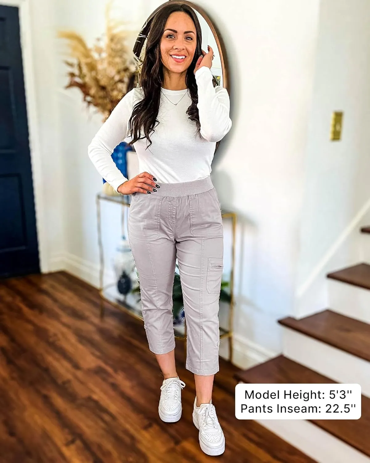 GRAPENT Capri Cargo Pants for Women High Waisted Pull On Elastic Waist Stretch Twill Fold Hem Capris Pants with Pockets