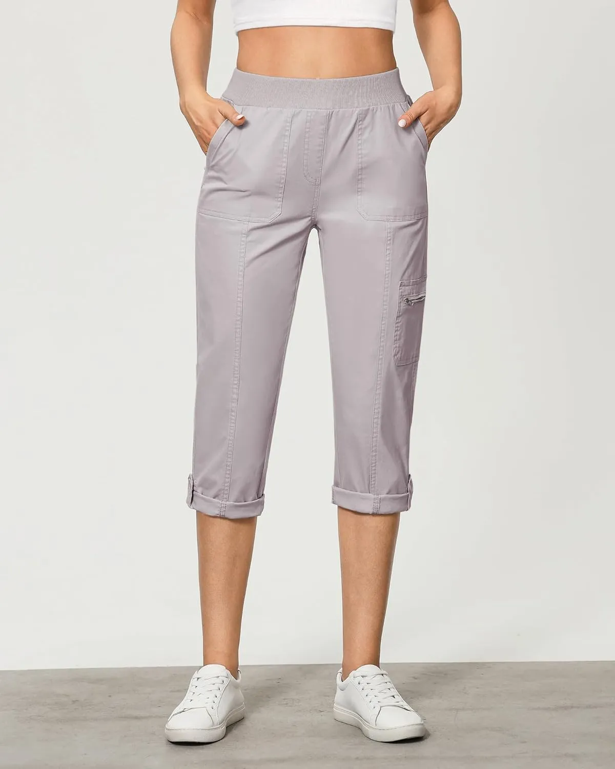 GRAPENT Capri Cargo Pants for Women High Waisted Pull On Elastic Waist Stretch Twill Fold Hem Capris Pants with Pockets