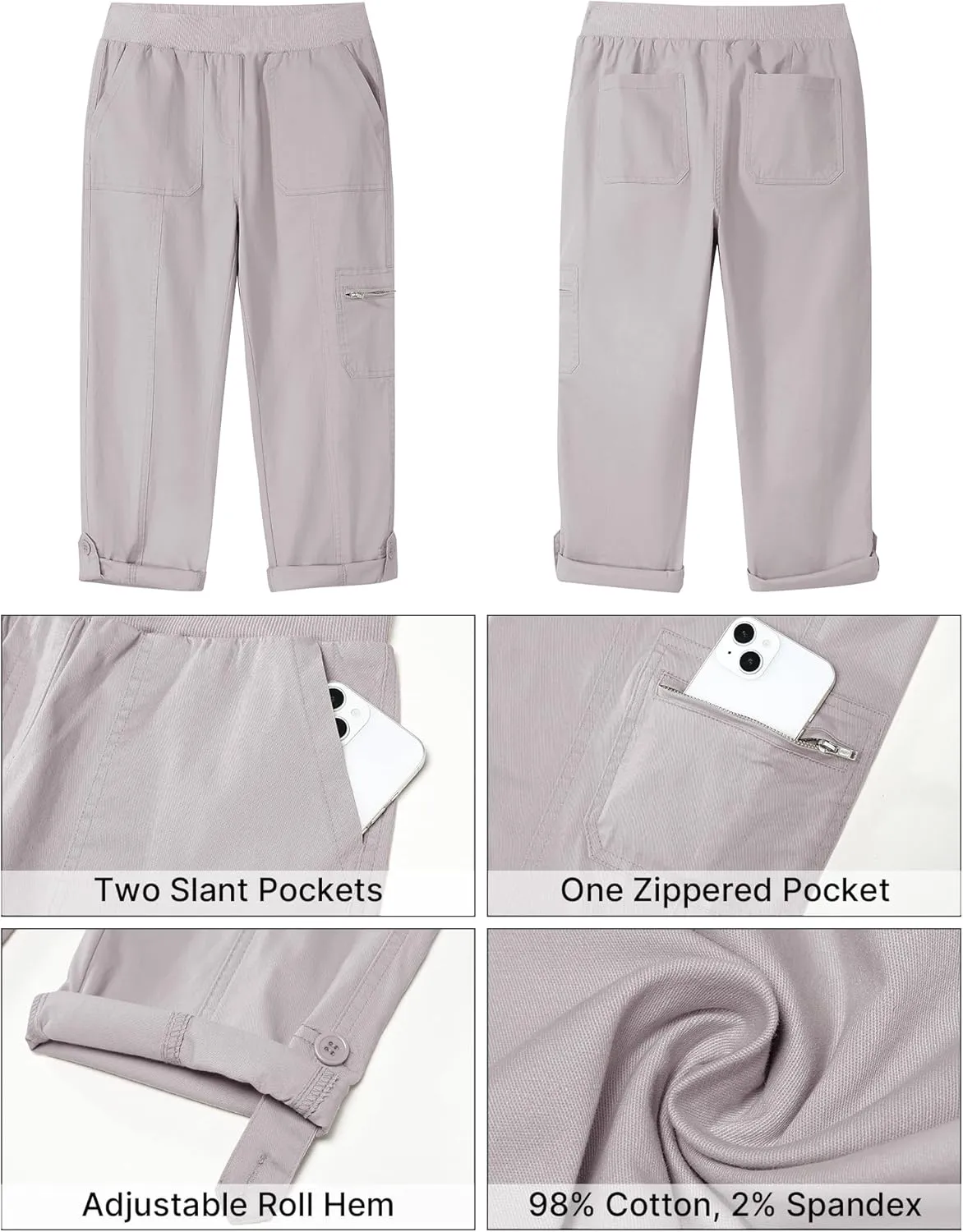 GRAPENT Capri Cargo Pants for Women High Waisted Pull On Elastic Waist Stretch Twill Fold Hem Capris Pants with Pockets