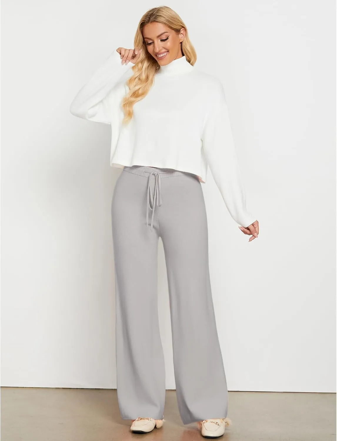 GRAPENT Women's Ribbed Knit Flowy Winter Pants Elastic Waist Tie Front Wide Leg Sweater Pants