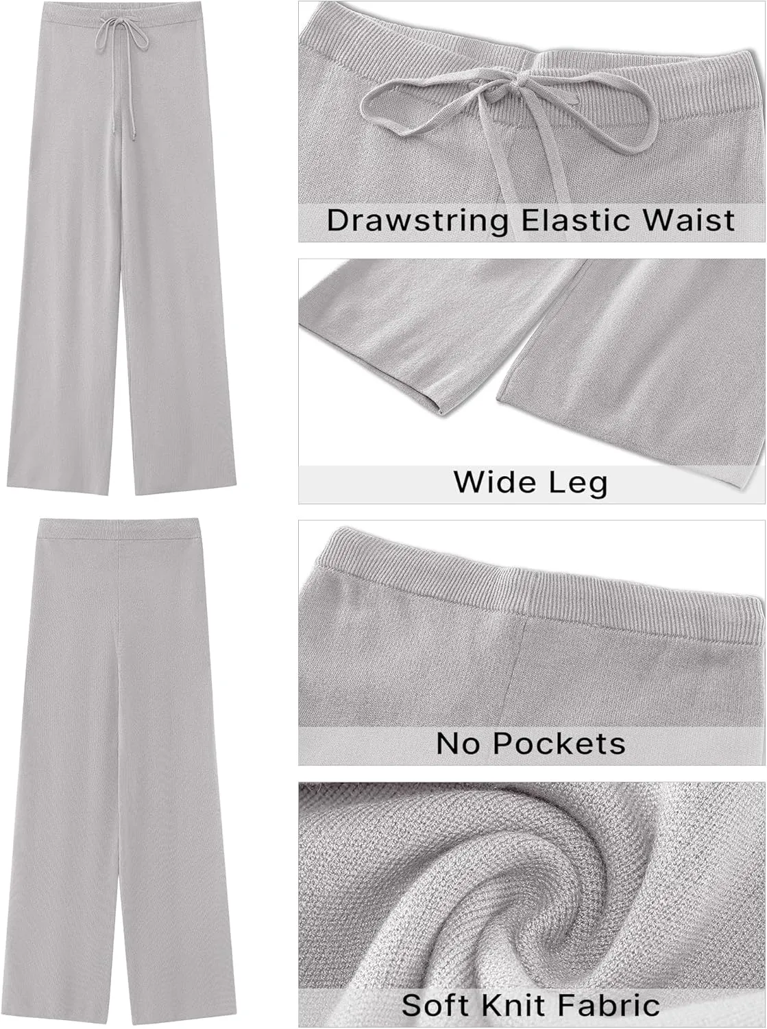 GRAPENT Women's Ribbed Knit Flowy Winter Pants Elastic Waist Tie Front Wide Leg Sweater Pants