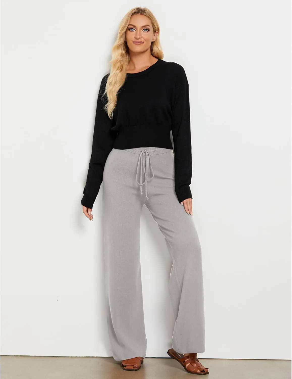 GRAPENT Women's Ribbed Knit Flowy Winter Pants Elastic Waist Tie Front Wide Leg Sweater Pants