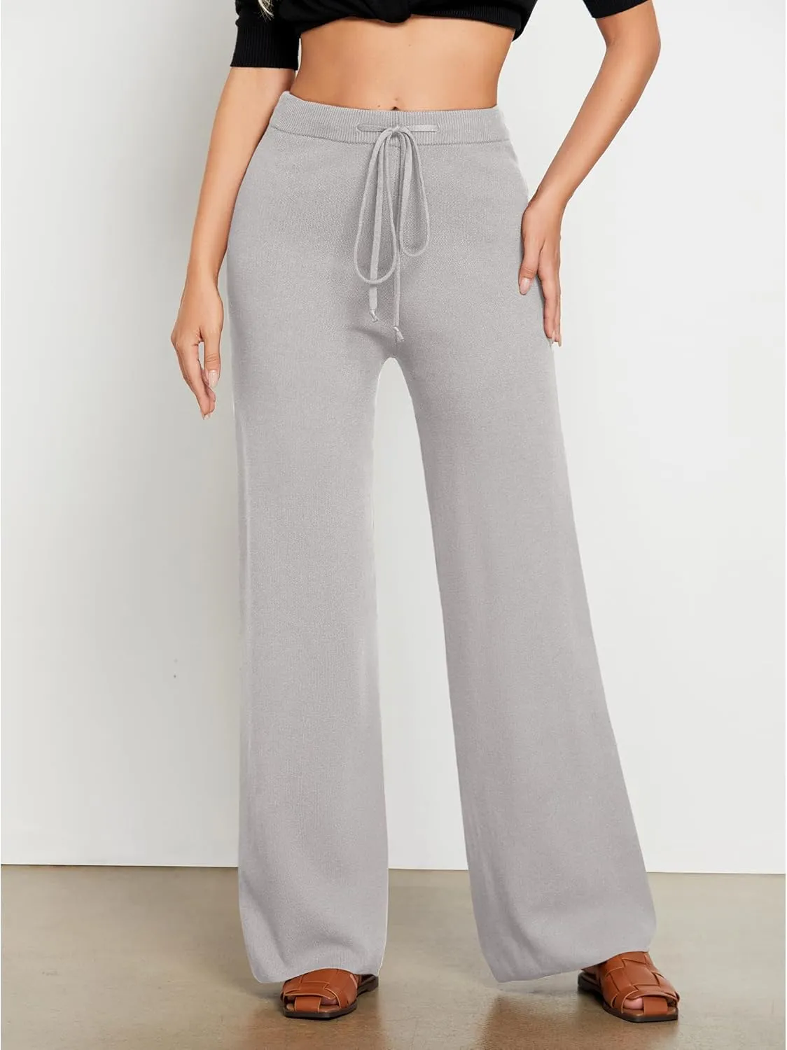 GRAPENT Women's Ribbed Knit Flowy Winter Pants Elastic Waist Tie Front Wide Leg Sweater Pants