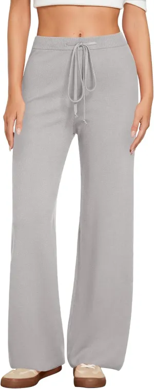 GRAPENT Women's Ribbed Knit Flowy Winter Pants Elastic Waist Tie Front Wide Leg Sweater Pants