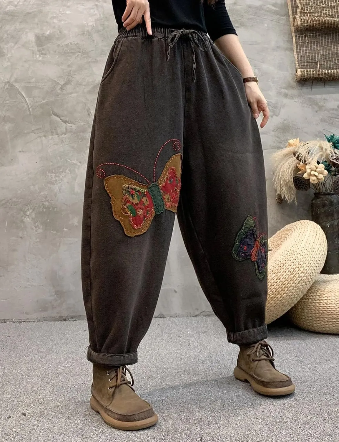 HALITOSS Women's Casual Denim Loose Wide Leg Harem Pants Elastic Waist Trouser with Pockets