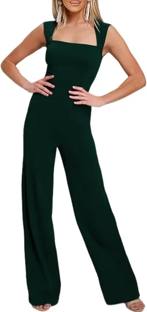 Happy Sailed Womens Square Neck Jumpsuit Summer Sleeveless Wide Leg Pants Rompers Dressy Jumpers Business Casual Outfits