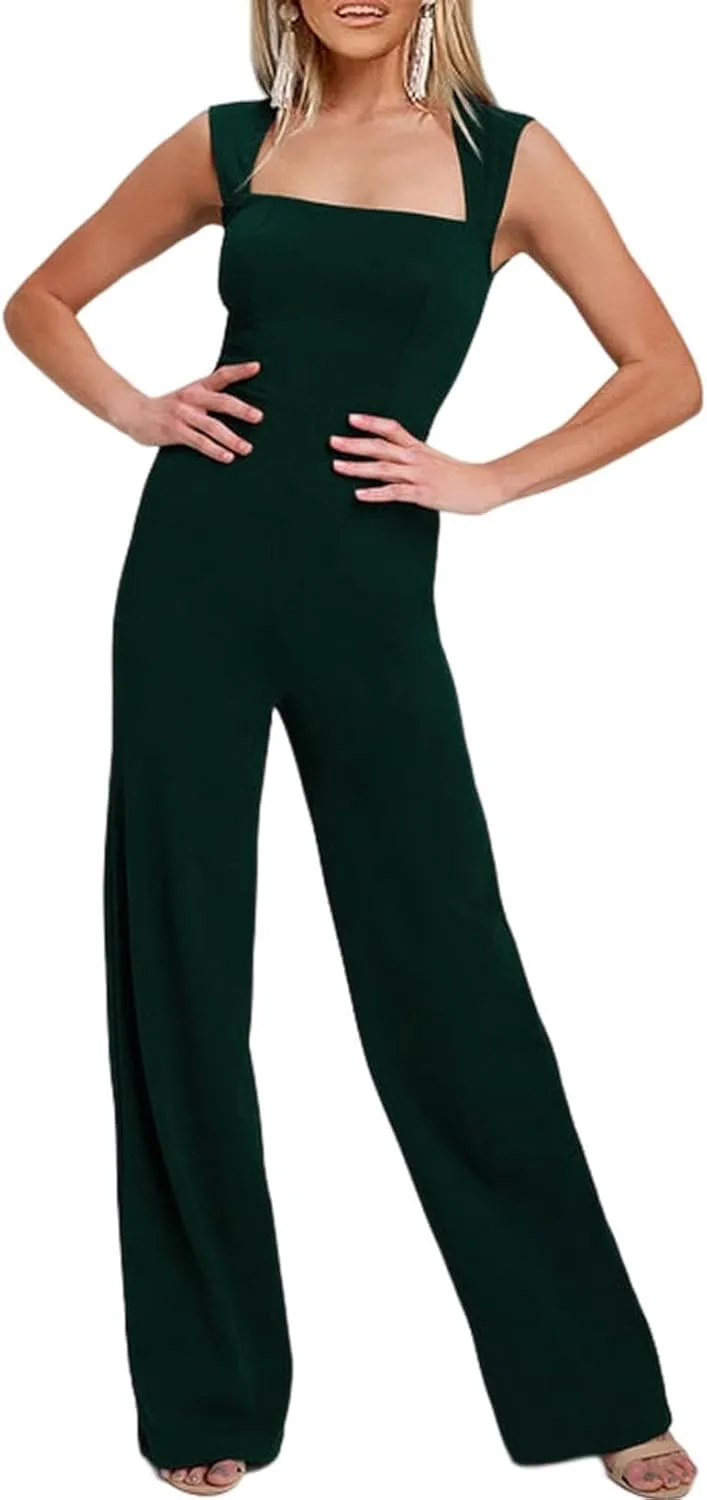 Happy Sailed Womens Square Neck Jumpsuit Summer Sleeveless Wide Leg Pants Rompers Dressy Jumpers Business Casual Outfits
