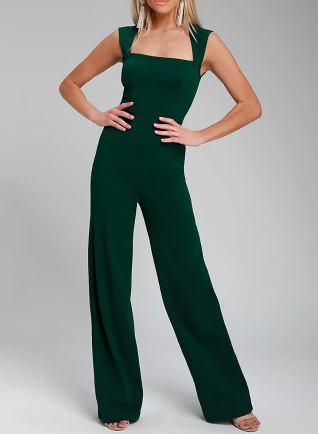 Happy Sailed Womens Square Neck Jumpsuit Summer Sleeveless Wide Leg Pants Rompers Dressy Jumpers Business Casual Outfits
