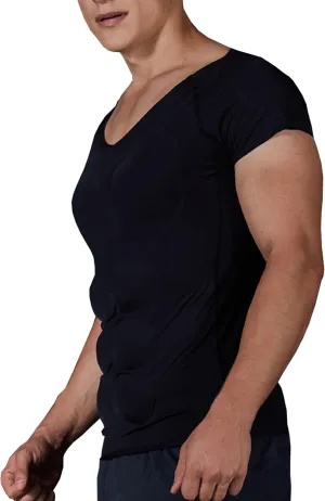 HAWFHH Mens Fake Muscle Shirt, Fake Chest Abdomen Muscle Shaper Undershirt, Invisible Breathable Padded Compression T-Shirts