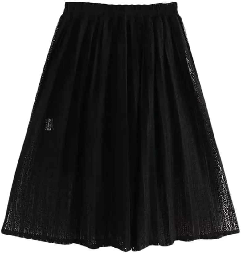 Hdhdeueh Women's Elastic Waist Lace Mesh Skirt Double Umbrella A-Line Opaque Solid Color Midi Skirts