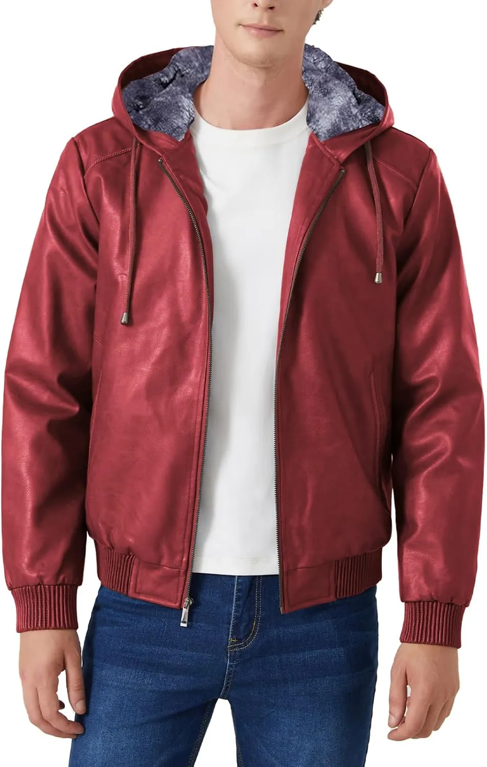 INVACHI Men's Leather Jacket PU Bomber Motorcycle Jacket with Fleece Lined Hood Windproof Winter Coat