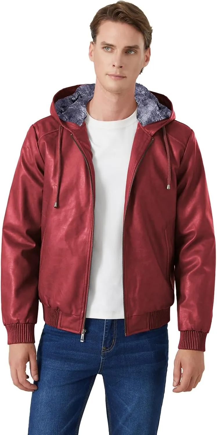 INVACHI Men's Leather Jacket PU Bomber Motorcycle Jacket with Fleece Lined Hood Windproof Winter Coat