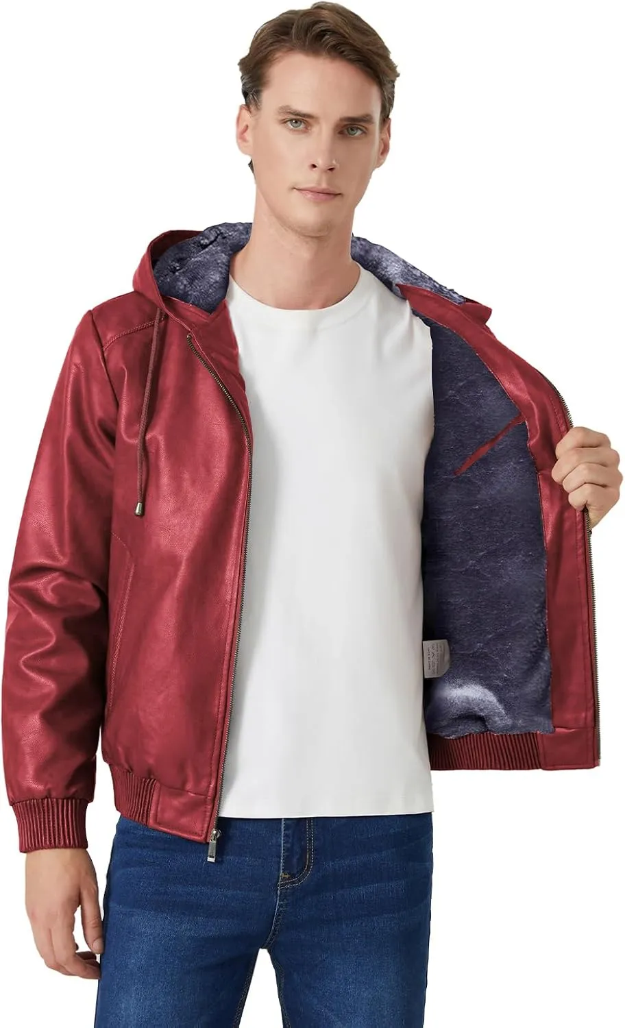 INVACHI Men's Leather Jacket PU Bomber Motorcycle Jacket with Fleece Lined Hood Windproof Winter Coat