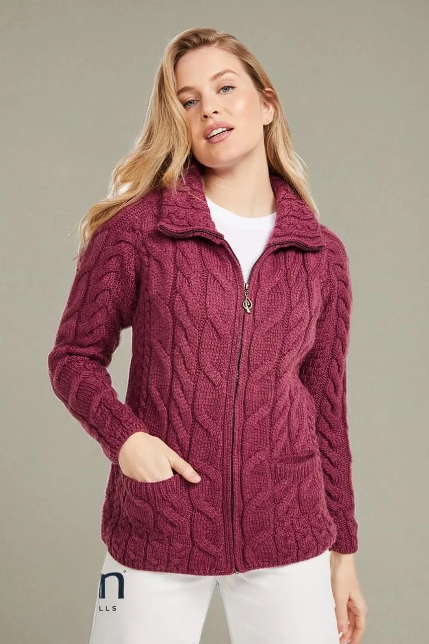 Irish Shaped Zipper Merino Wool Cardigan Sweater with Mock Turtleneck Made in Ireland