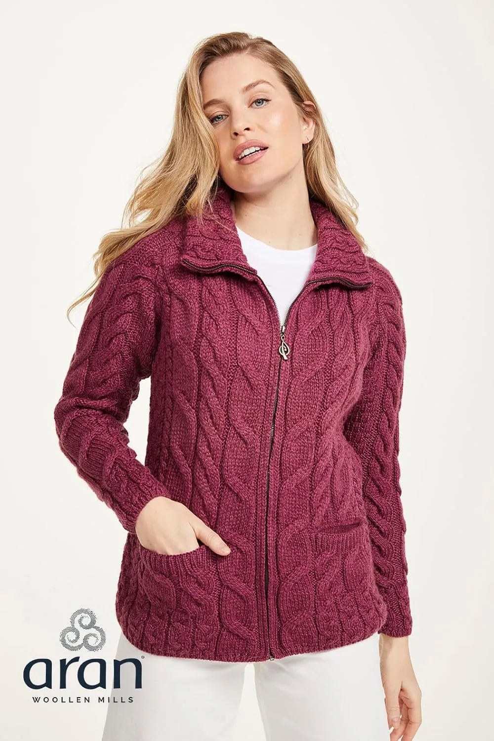 Irish Shaped Zipper Merino Wool Cardigan Sweater with Mock Turtleneck Made in Ireland