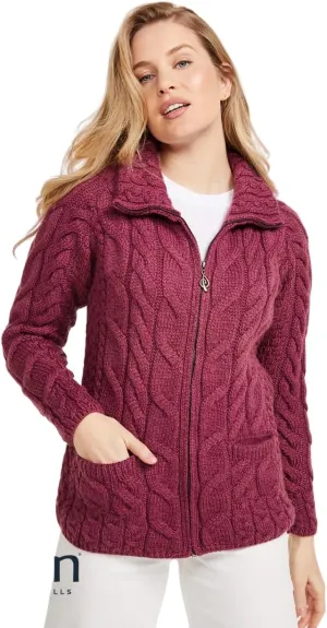 Irish Shaped Zipper Merino Wool Cardigan Sweater with Mock Turtleneck Made in Ireland