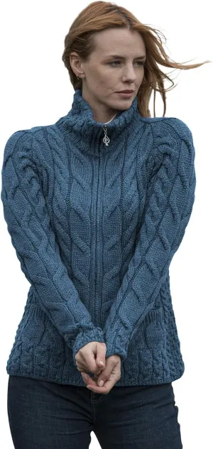 Irish Shaped Zipper Merino Wool Cardigan Sweater with Mock Turtleneck Made in Ireland
