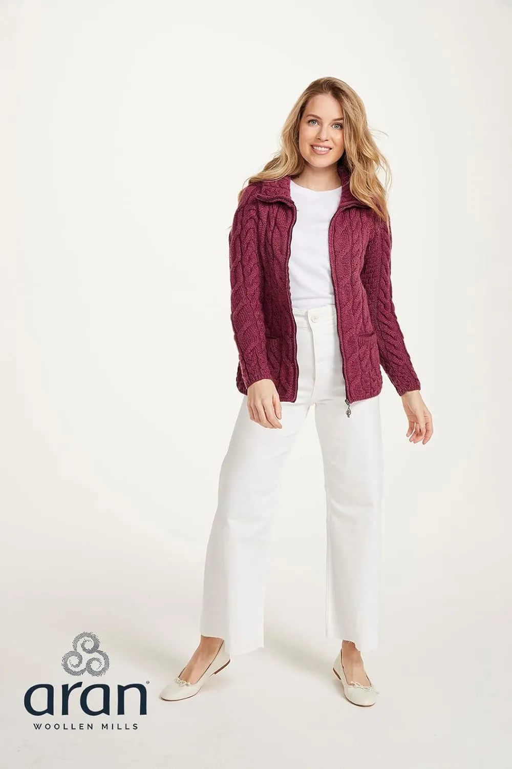 Irish Shaped Zipper Merino Wool Cardigan Sweater with Mock Turtleneck Made in Ireland