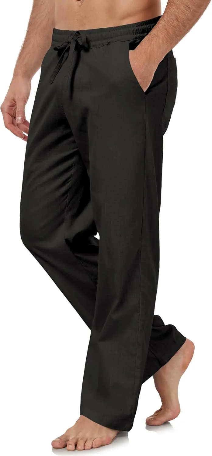 Janmid Men's Linen Pants Casual Elastic Waist Drawstring Yoga Beach Trousers