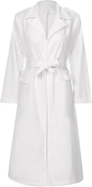 JEATHA Womens Classic Long Trench Coat Lapel Collar Open Front Belted Peacoat Fall Winter Windproof Overcoat