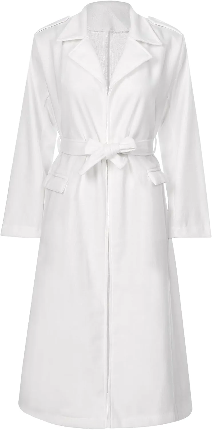 JEATHA Womens Classic Long Trench Coat Lapel Collar Open Front Belted Peacoat Fall Winter Windproof Overcoat