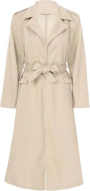 JEATHA Womens Classic Long Trench Coat Lapel Collar Open Front Belted Peacoat Fall Winter Windproof Overcoat