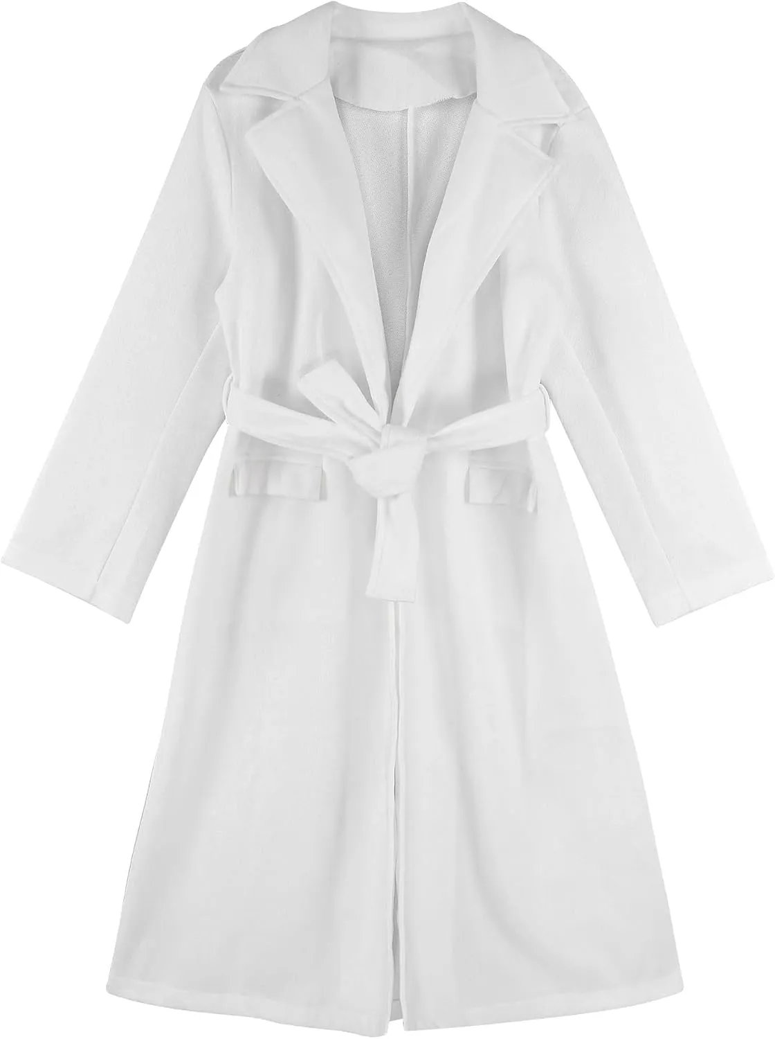 JEATHA Womens Classic Long Trench Coat Lapel Collar Open Front Belted Peacoat Fall Winter Windproof Overcoat