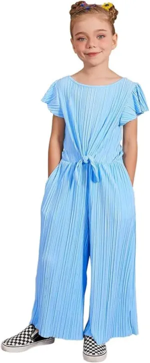 Jxstar Girls Jumpsuits Short Sleeve Rompers Kids High Waist With Belt Long Pants Solid Outfits