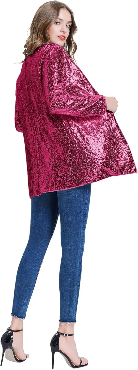 KANCY KOLE Women's Sequin Jacket Open Front Sparkly Jacket Blazer Casual Long Sleeve Cardigan Coat S-XXL