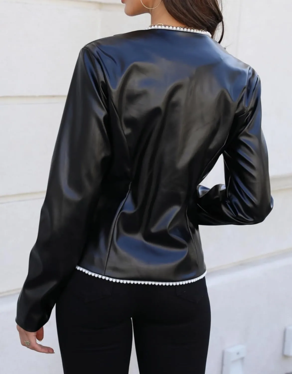 Kedera Women's Faux PU Leather Lapel Neck Long Sleeve Cropped Jacket Slim Motorcycle Vintage Moto Biker Coat