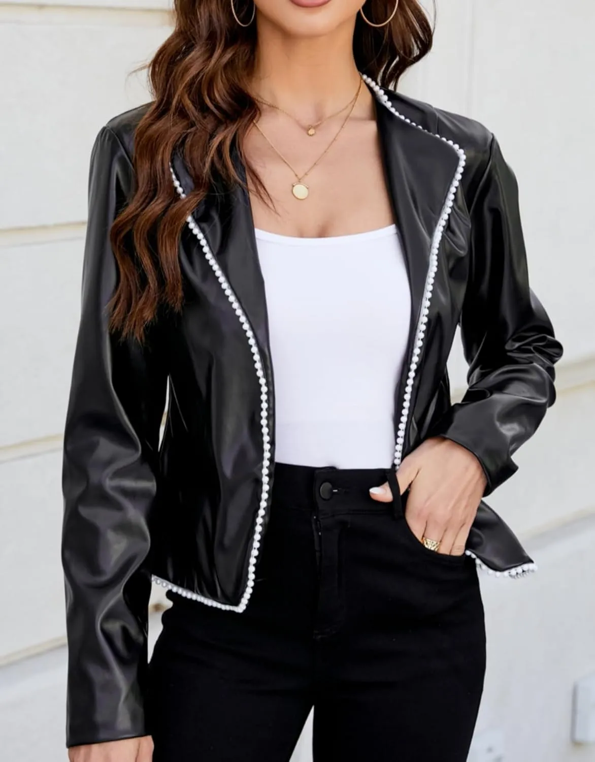 Kedera Women's Faux PU Leather Lapel Neck Long Sleeve Cropped Jacket Slim Motorcycle Vintage Moto Biker Coat