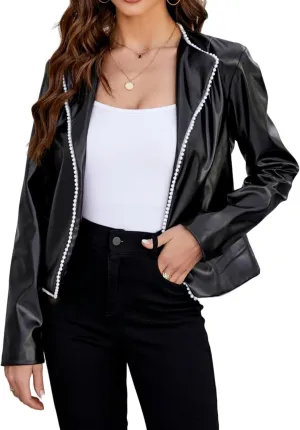 Kedera Women's Faux PU Leather Lapel Neck Long Sleeve Cropped Jacket Slim Motorcycle Vintage Moto Biker Coat
