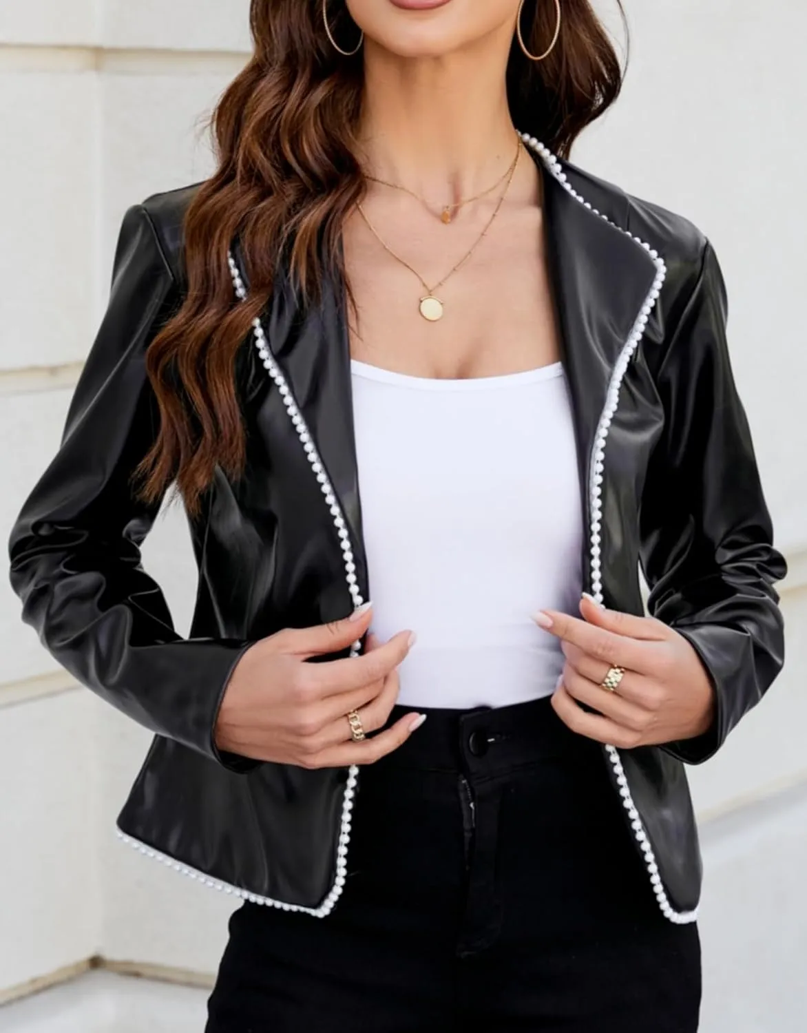 Kedera Women's Faux PU Leather Lapel Neck Long Sleeve Cropped Jacket Slim Motorcycle Vintage Moto Biker Coat