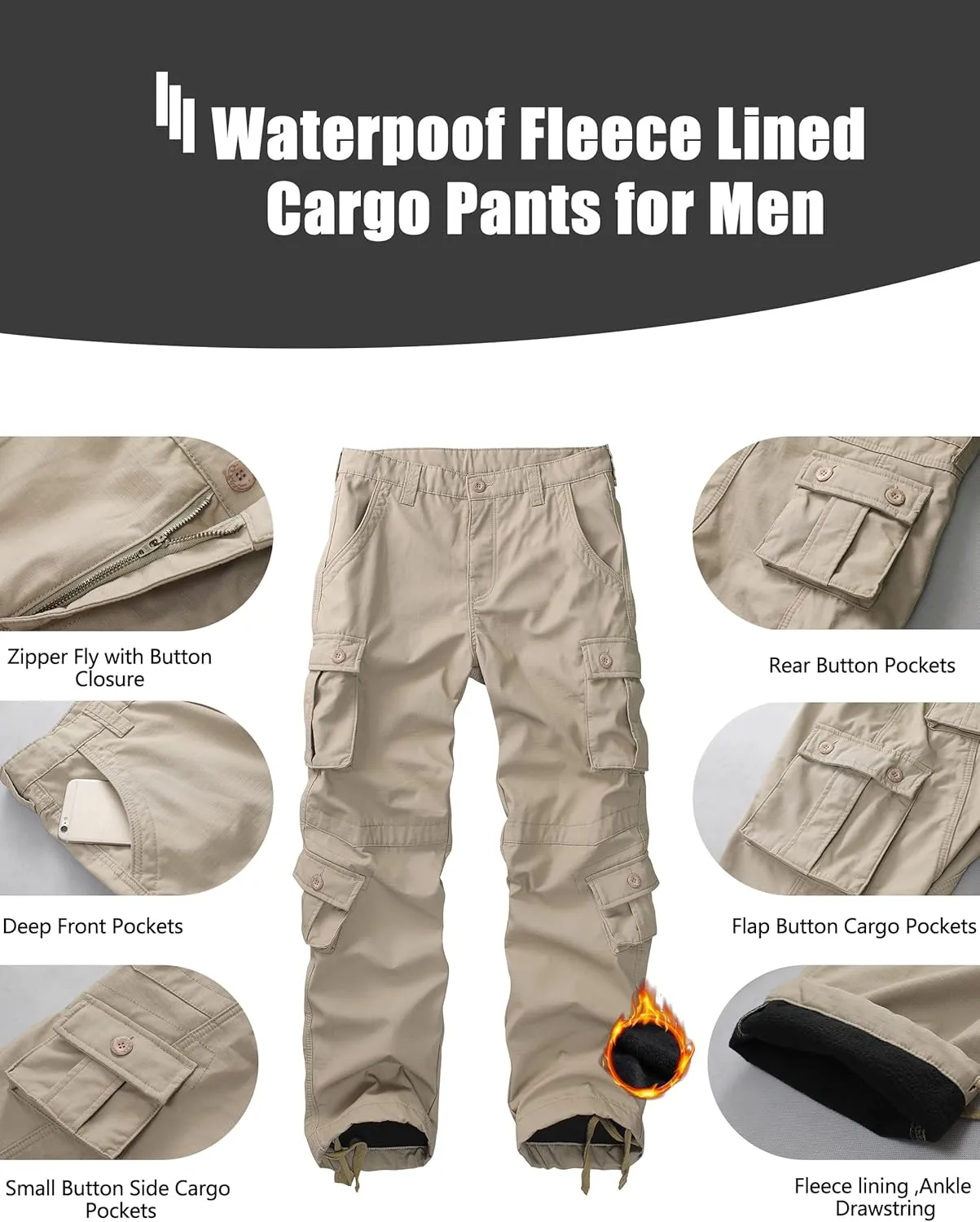 KOCTHOMY Mens Fleece Lined Hiking Pants,Winter Outdoor Thermal Casual Work Cargo Pants with Multi Pockets, No Belt.