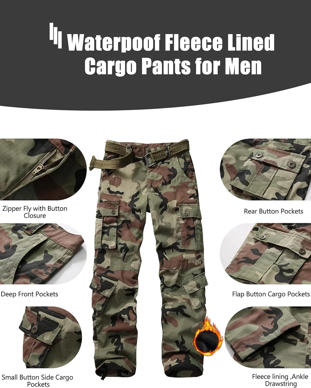 KOCTHOMY Mens Fleece Lined Hiking Pants,Winter Outdoor Thermal Casual Work Cargo Pants with Multi Pockets, No Belt.