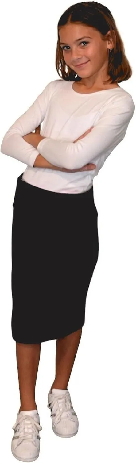 Kosher Casual Kids Big Girls Modest Knee Length Stretch Pencil Skirt in Lightweight Cotton Spandex