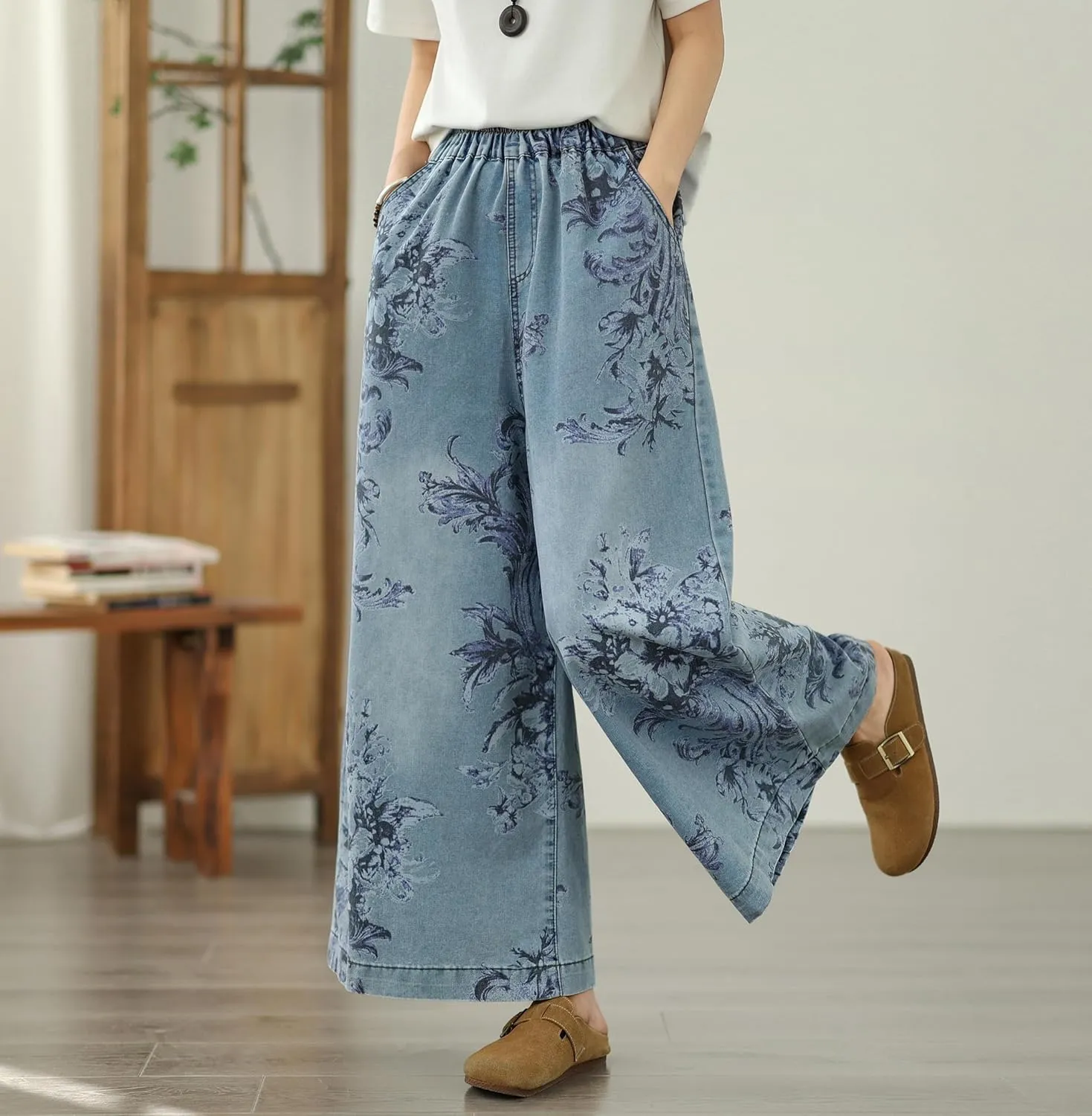 LAI MENG FIVE CATS Women's Loose Elastic Waist Wide Leg Denim Pants with Double Pockets