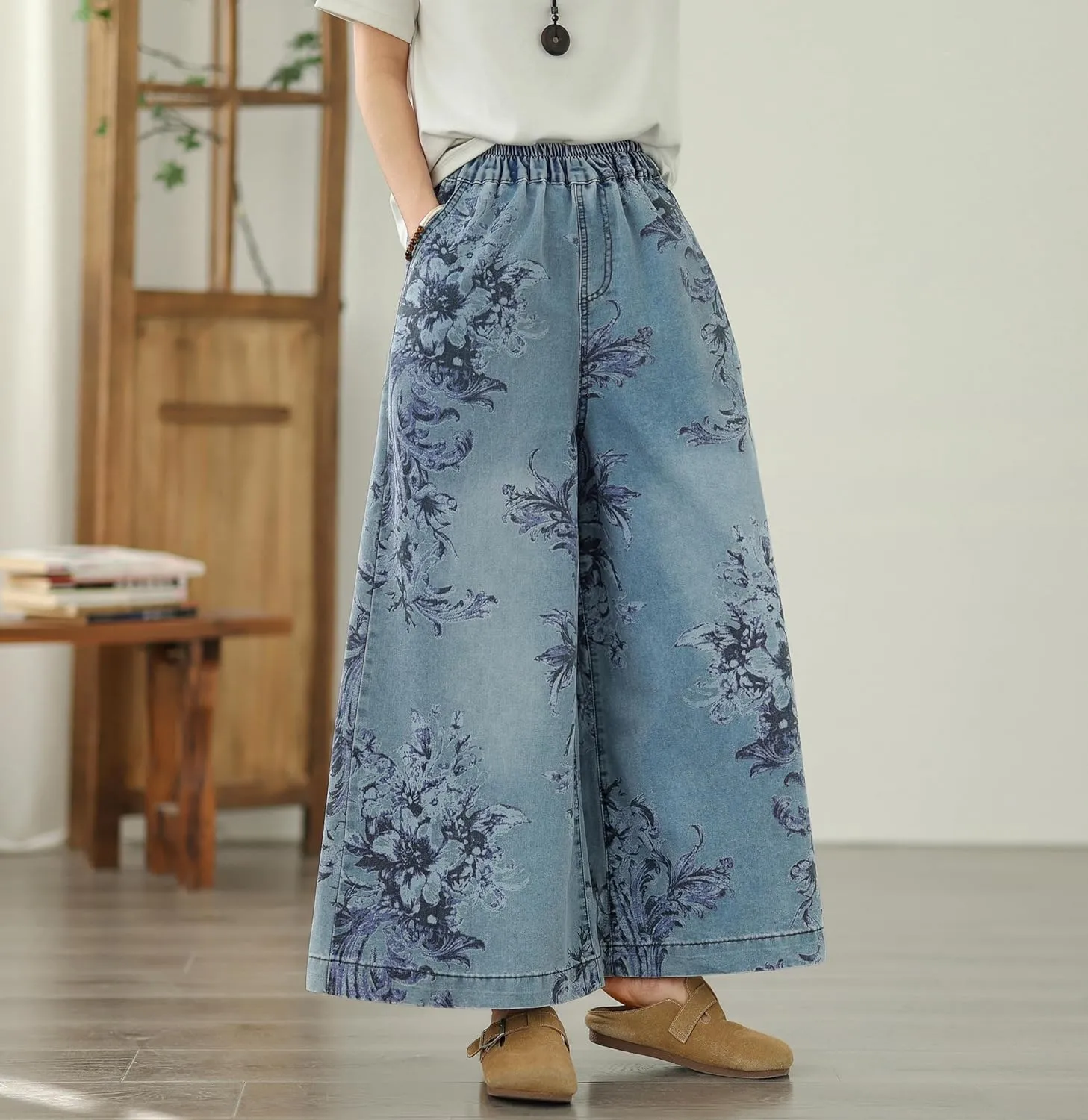 LAI MENG FIVE CATS Women's Loose Elastic Waist Wide Leg Denim Pants with Double Pockets