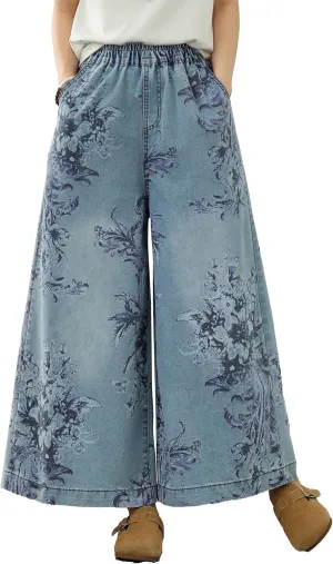 LAI MENG FIVE CATS Women's Loose Elastic Waist Wide Leg Denim Pants with Double Pockets
