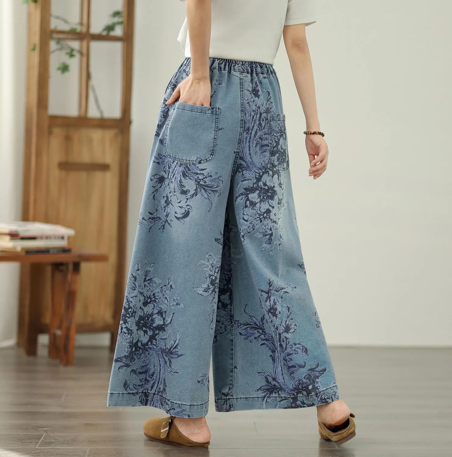 LAI MENG FIVE CATS Women's Loose Elastic Waist Wide Leg Denim Pants with Double Pockets
