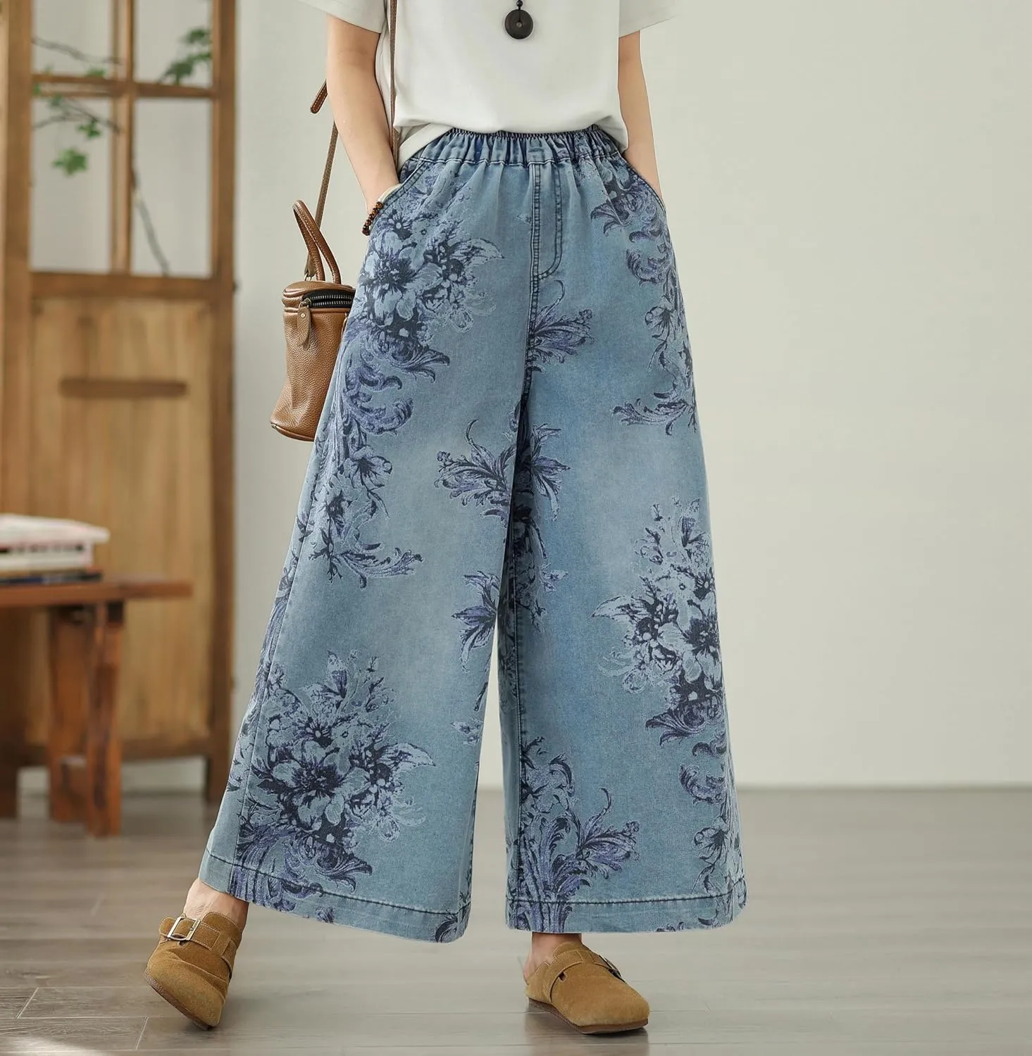 LAI MENG FIVE CATS Women's Loose Elastic Waist Wide Leg Denim Pants with Double Pockets