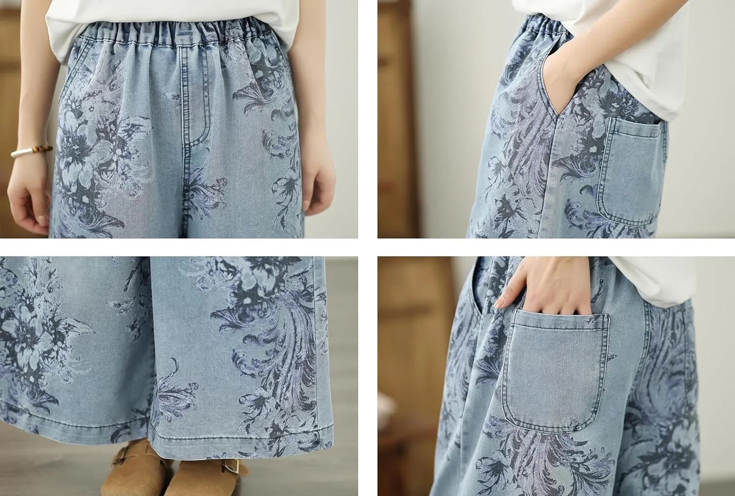 LAI MENG FIVE CATS Women's Loose Elastic Waist Wide Leg Denim Pants with Double Pockets